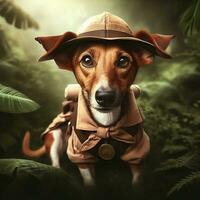 une marron rat terrier habillé comme une jungle explorateur, numérique art photo