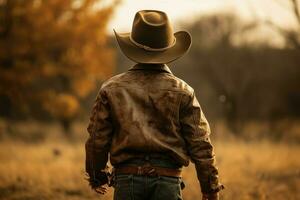 retour vue courageux cow-boy garçon. produire ai photo