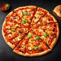 une Pizza avec pepperoni et basilic sur il. ai génératif photo