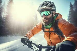 cycliste sur vélo équitation sur hiver saison. produire ai photo