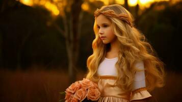 Jeune fille avec ondulé, blond cheveux en portant une bouquet de des roses.. génératif ai photo