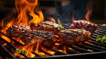 ai génératif. grillé du boeuf steaks sur le gril avec flammes et fumée. photo