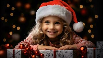 ai génératif. mignonne peu fille dans Père Noël chapeau avec cadeau boîte sur Noël Contexte photo