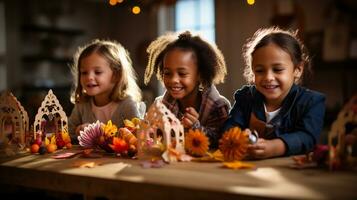 ai génératif. content les enfants en jouant avec l'automne décoration à maison. elles ou ils sont séance à en bois table et souriant photo