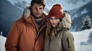 ai génératif. portrait de une Jeune couple dans hiver Vêtements photo