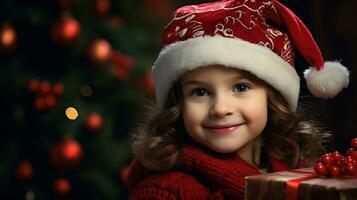 ai génératif. mignonne peu fille dans Père Noël chapeau avec cadeau boîte sur Noël Contexte photo