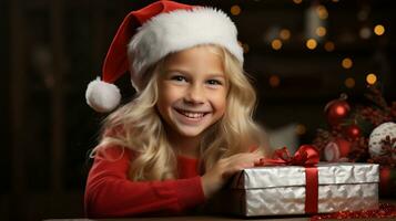 ai génératif. mignonne peu fille dans Père Noël chapeau avec cadeau boîte sur Noël Contexte photo