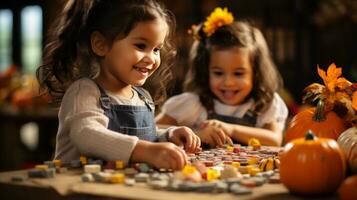 ai génératif. content les enfants en jouant avec l'automne décoration à maison. elles ou ils sont séance à en bois table et souriant photo