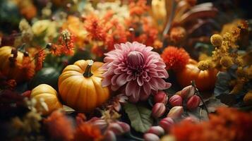 ai génératif. l'automne composition avec citrouilles, fleurs et feuilles sur foncé Contexte photo