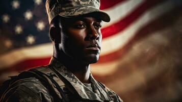 ai génératif. portrait de soldat contre de américain drapeau photo
