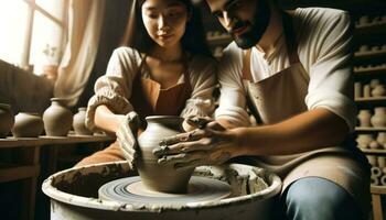 fermer de une hispanique Masculin et une Sud asiatique femelle engageant dans une poterie classe, mains couvert dans argile, moulage une vase sur une filage roue. génératif ai photo