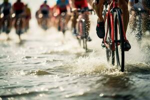 triathlon proche en haut bicyclette courir. produire ai photo