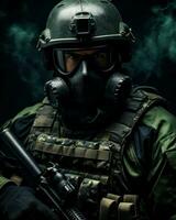 un armé soldat portant une gaz masque. génératif ai photo