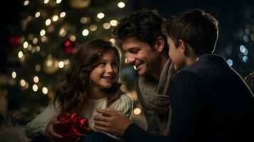 ai génératif. famille, Noël, Noël, hiver, bonheur et gens concept - souriant père et peu fille avec cadeau boîte à Accueil photo