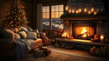 ai génératif. Noël intérieur avec cheminée et Noël arbre. photo