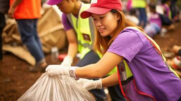 Jeune asiatique femme bénévole avec une brillant sourire, collecte ordures.. génératif ai photo