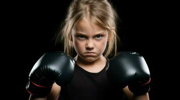 un en colère fille avec une noir boxe gant sur sa affronter. génératif ai photo