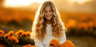 Jeune fille avec longue cheveux, souriant radieux avec lumière du soleil filtration par sa cheveux.. génératif ai photo
