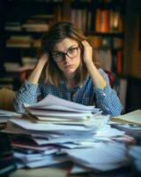 femme d'affaires à la recherche stressé parmi beaucoup piles de papiers. génératif ai photo