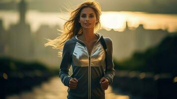 une en forme femme le jogging dans athlétique porter pendant d'or heure.. génératif ai photo