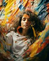 une femme séance dans de face de une vibrant peinture, admiratif ses couleurs et coups de pinceau.. génératif ai photo