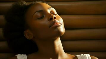 une serein africain américain femme relaxant avec yeux fermé.. génératif ai photo