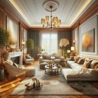 luxe vivant pièce intérieur avec canapé, café tableau, étagère à livres et tapis. 3d rendre photo