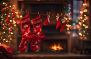 Noël chaussettes sur le Contexte de une brûlant cheminée. Noël et Nouveau année concept photo