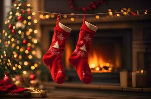 Noël chaussettes sur le Contexte de une brûlant cheminée. Noël et Nouveau année concept photo