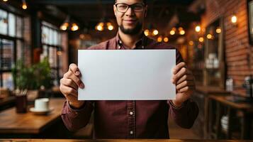 une homme détient une Vide blanc feuille dans le sien mains, espace pour texte photo