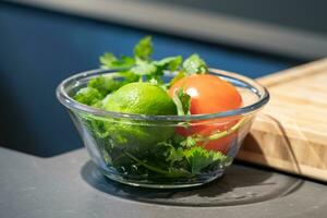 proche en haut Frais vert citron vert et tomate dans verre bol dans studio lumière à cuisine. photo