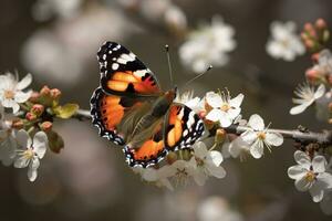 une papillon sur une branche avec blanc fleurs photo