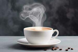 café tasse avec vapeur plus de une tasse sur une gris dessus de la table. généré par artificiel intelligence photo