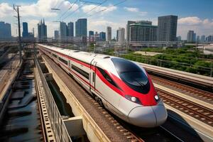 moderne haute vitesse train sur le Contexte de moderne grattes ciels, le haute vitesse train dans Bangkok, Thaïlande, ai généré photo