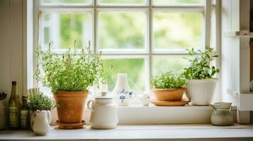 cuisine intérieur avec fleurs dans céramique des pots sur le rebord de fenêtre. ai génératif photo