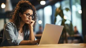 réfléchi Jeune femme dans lunettes en utilisant portable dans café ai génératif photo