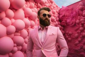 une homme porter rose costume dans rose monde ai génératif photo