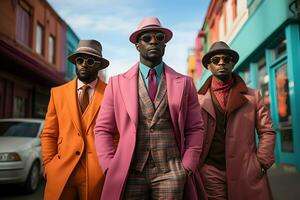 une groupe de Hommes porter coloré costume ai génératif photo