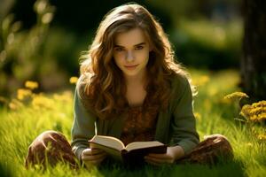 mignonne fille en train de lire livre sur vert herbe. produire ai photo