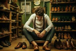 Jeune homme en essayant sur des chaussures dans magasin marché. produire ai photo