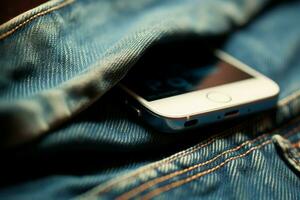 téléphone intelligent dans poche jeans fermer. produire ai photo
