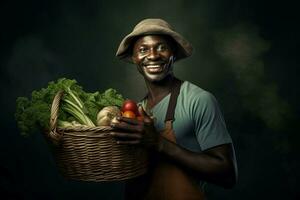 content agriculteur en portant une panier avec Frais des légumes. produire ai photo