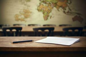 écrire de examen sur en bois table dans Salle de classe. produire ai photo