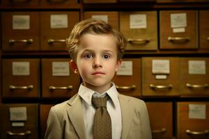 méticuleux archiviste enfant garçon. produire ai photo