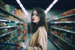 Jeune femme achats supermarché. produire ai photo