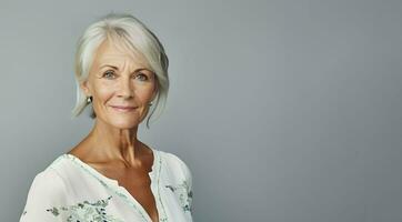 portrait de une magnifique Années 50 milieu âge femme avec gris cheveux souriant, copie espace. ai génératif photo