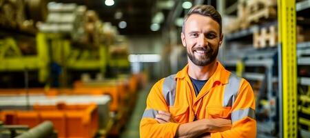 une souriant homme dans un Orange chemise dans une entrepôt. ai génératif photo