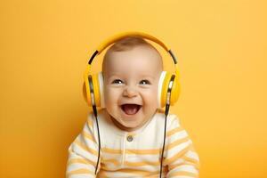 une bébé portant écouteurs et en riant. ai génératif photo