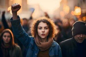 femme en portant en haut poing dans manifestation. ai génératif photo