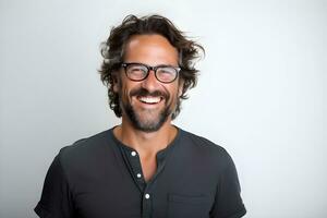 une homme avec des lunettes et une barbe sourit. ai génératif photo